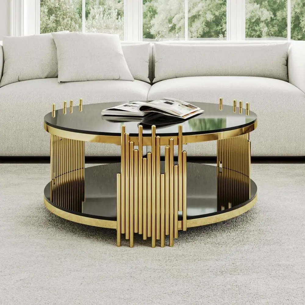 80 cm moderne ronde salontafel van zwart glas, dubbele laag glazen blad, luxe middentafel met zilveren stalen onderstel