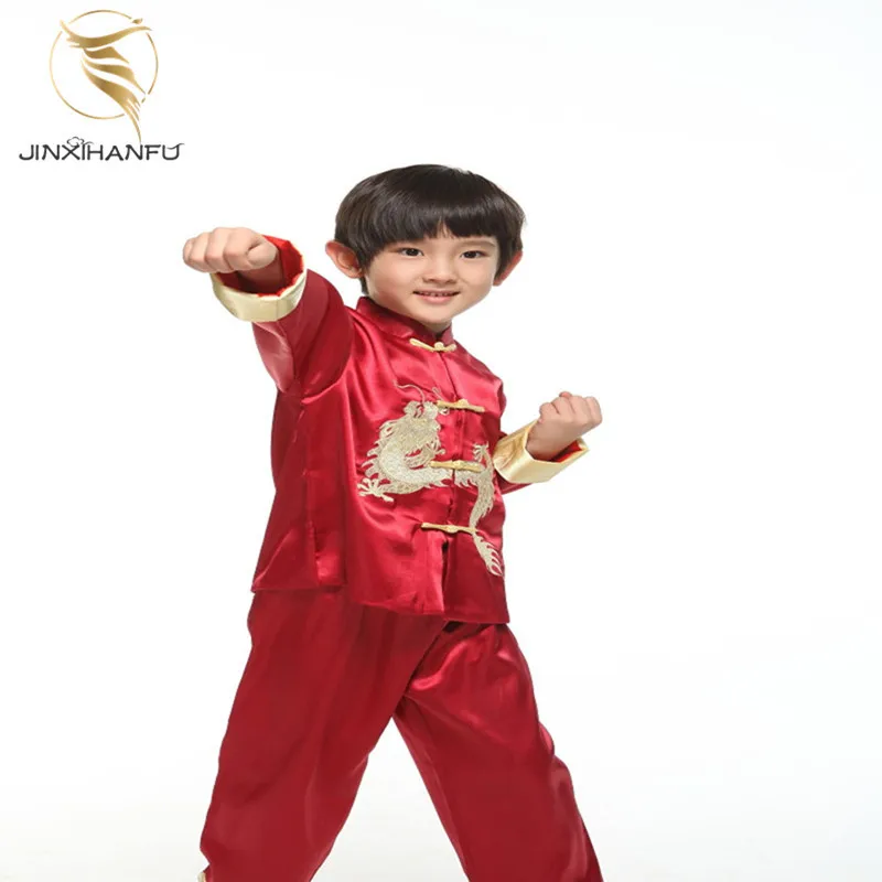 

Boys Satin Embroidered Dragon Uniform Traditional Chinese Kung Fu Outfit Costume Martial Arts Suit