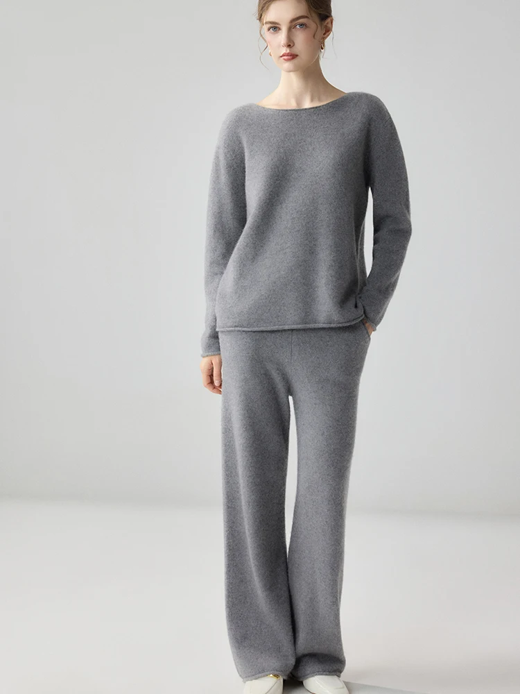 TLOML Women's 100% Cashmere Sweater Set O-neck Pullover Wide Leg Pants Autumn Winter Knitwear Soft Warm Casual Loose Thick Suit
