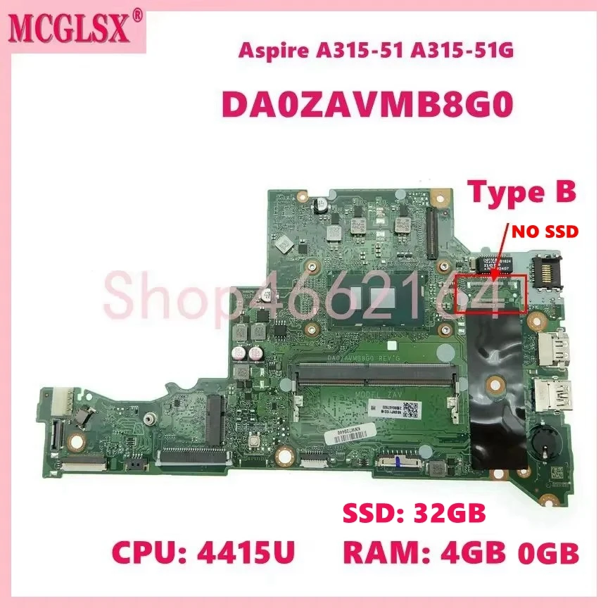 DA0ZAVMB8G0 W/4415U i3-6th 7th Gen CPU 0GB/4GB-RAM Notebook Mainboard For ACER Aspire A315-51 A315-51G Laptop MotherboFd