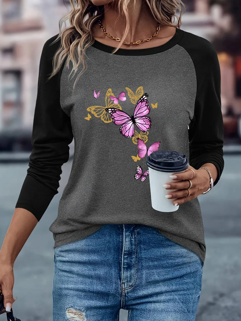 Bestseller Schmetterlingsdruck Lässiges Langarm-T-Shirt Retro T-Shirt Winter Herbst Grafisches Langarm-Soft-T-Shirt für Damen – Detail 3