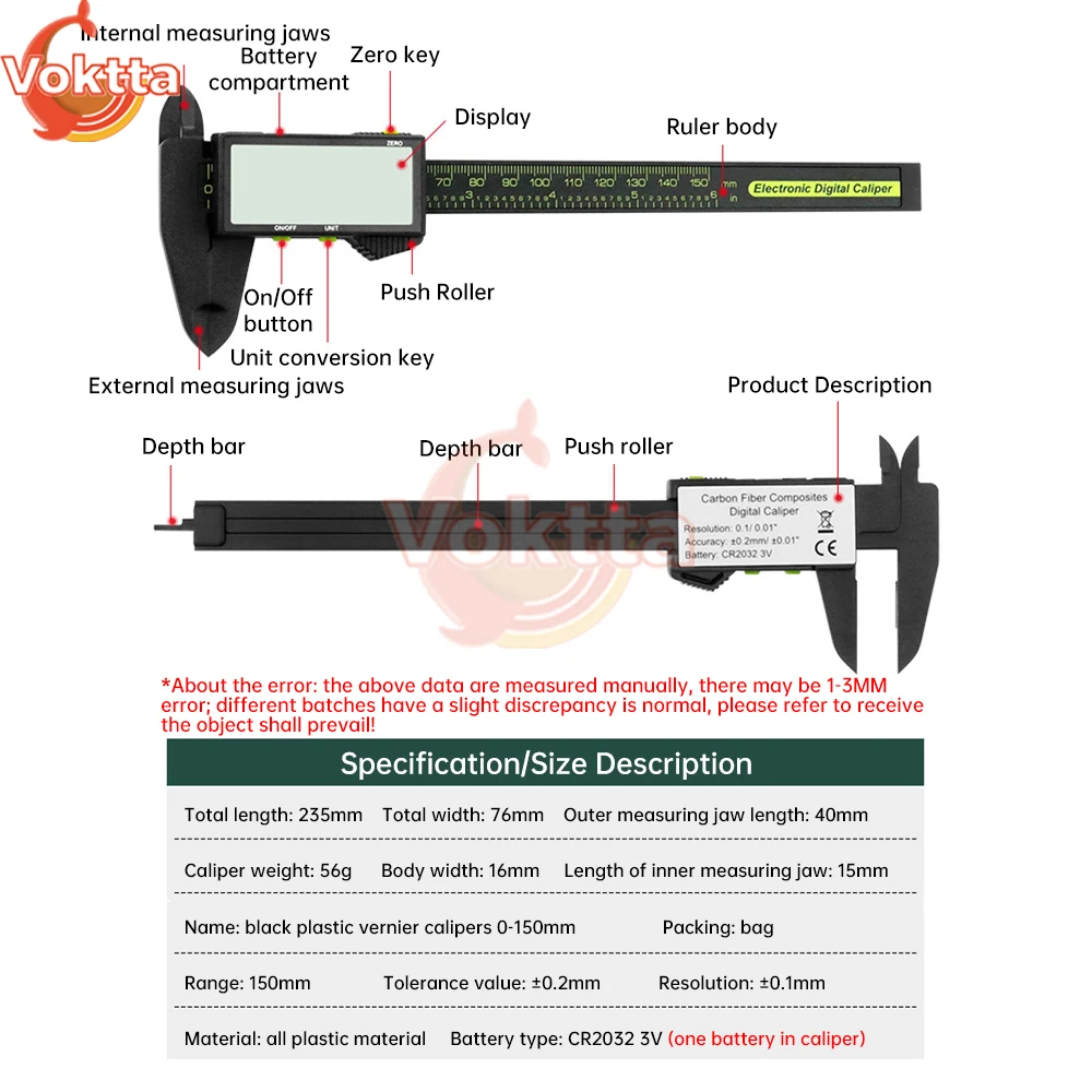 Calibro a corsoio in plastica ad alta precisione Calibro con display digitale Mini calibro per giochi di testo Studente Vernier Righello Strumento di misurazione da 150 mm