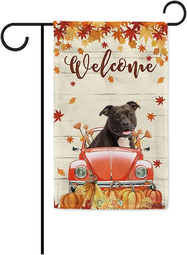 Welcome Fall Dog Garden Flag Cute Pitbull Dog Drives the Vintage Car Harvest Pumpkin Patch Sunflowers Maple leaf Decor Home Bann