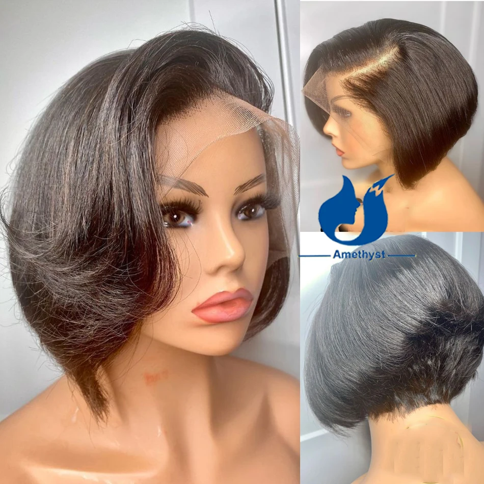 

Amethyst Natural Black Layer Pixie Cut Short Bob Lace Closure Wig Human Hair 13x6 Lace Front Wig for Women Pre Plucked Brazilian