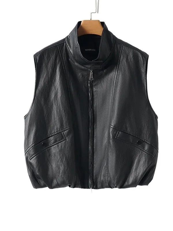 Casual PU Leather Biker Vest Jacket Women's Fashion Brand High-End Feel Stand Collar Windproof Polyester Fiber Zipper Closure