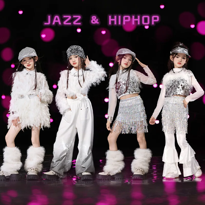 

Kid Cute Hip Hop Clothing White Feather Shirt Crop Top Mesh T Shirt Flare Pants Mini Skirt for Girl Jazz Dance Costume Clothes