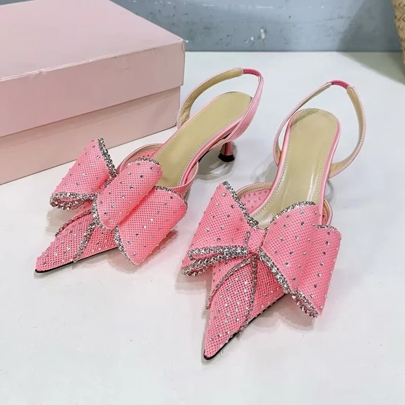 Bling Rhinestone Bow Thin High Heels Sandals Women's Mesh Pointed Toe Back Strap Sandalias Summer Fashion Party Banquet Shoes