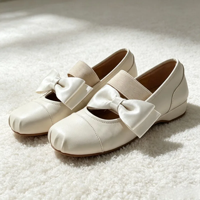 Beige White Bow Detail Ballet Flats Women Elegant Round-toe Topstitching Mary Jane Shoes Cozy Elastic Strap Design Casual Shoes