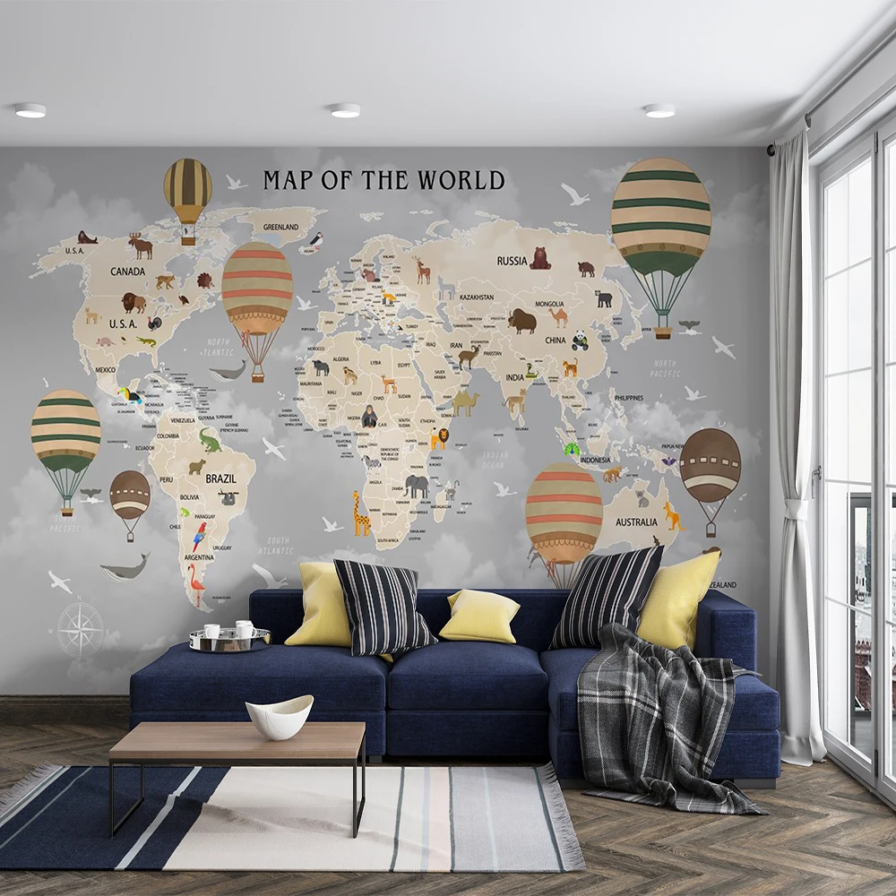 Customize 3D hand drawn cartoon world map, background wall, mural wallpaper