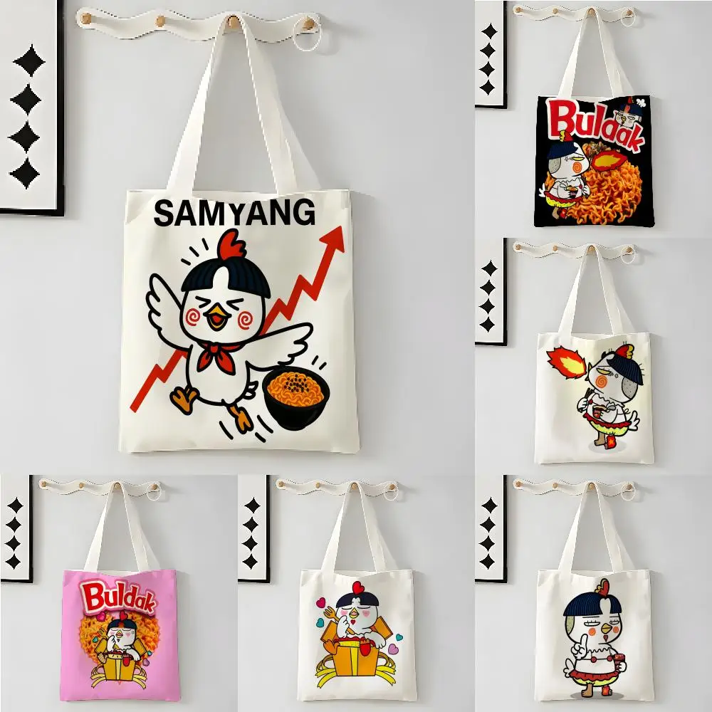 Bolsas de Almacenamiento, Bolsa de Hombro de Lona, Porta Libros, Bolsa de Mano con Estampado de Tutorías Estudiantiles, Bolsa de Mano con Diseño de la Famosa Caricatura de Buldak Ramen