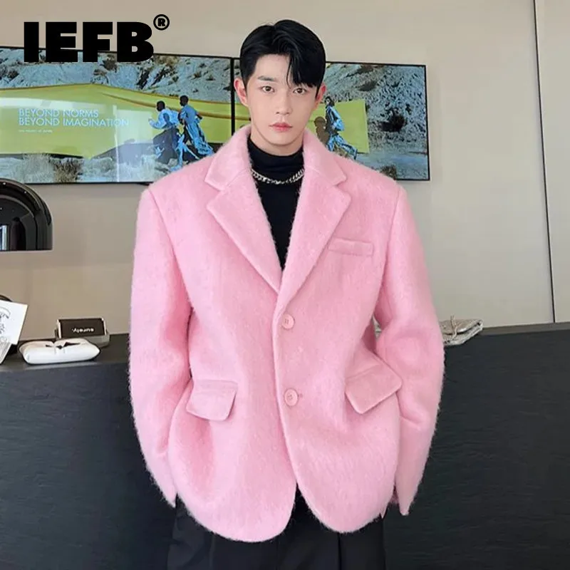 

IEFB Korean Chic Male Woolen Jacket Fashion Lapel Single Breasted Pocket Coat 2023 Autumn Winter Casual Men Clothing Pink 9C2886