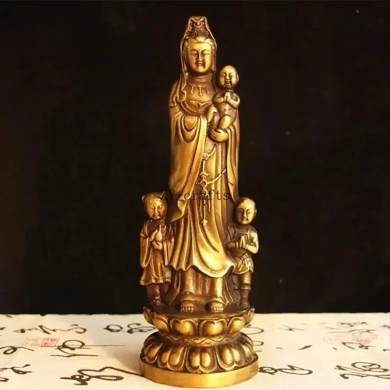 Feng Shui Guanyin Bronze Copper Statue of Buddha Standing Holding The Child Bodhisattva Home Living Decoration Crafts