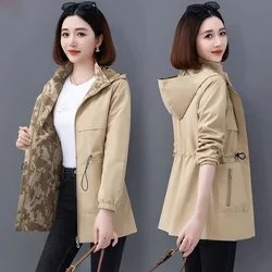 Double-Sided Trench Coat Women 2023 New Spring Autumn Clothes Hooded Print Mid Long Windbreaker Jacket Female Outerwear Tops 4XL