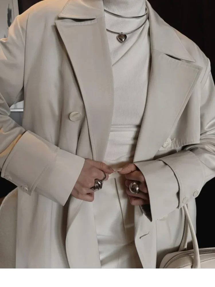 

2025 Women Lapel V-neck Long Trench Coat Fashion Full Sleeves Wide Shoulder Windbreaker New Lady Street Commuting Daily Jackets