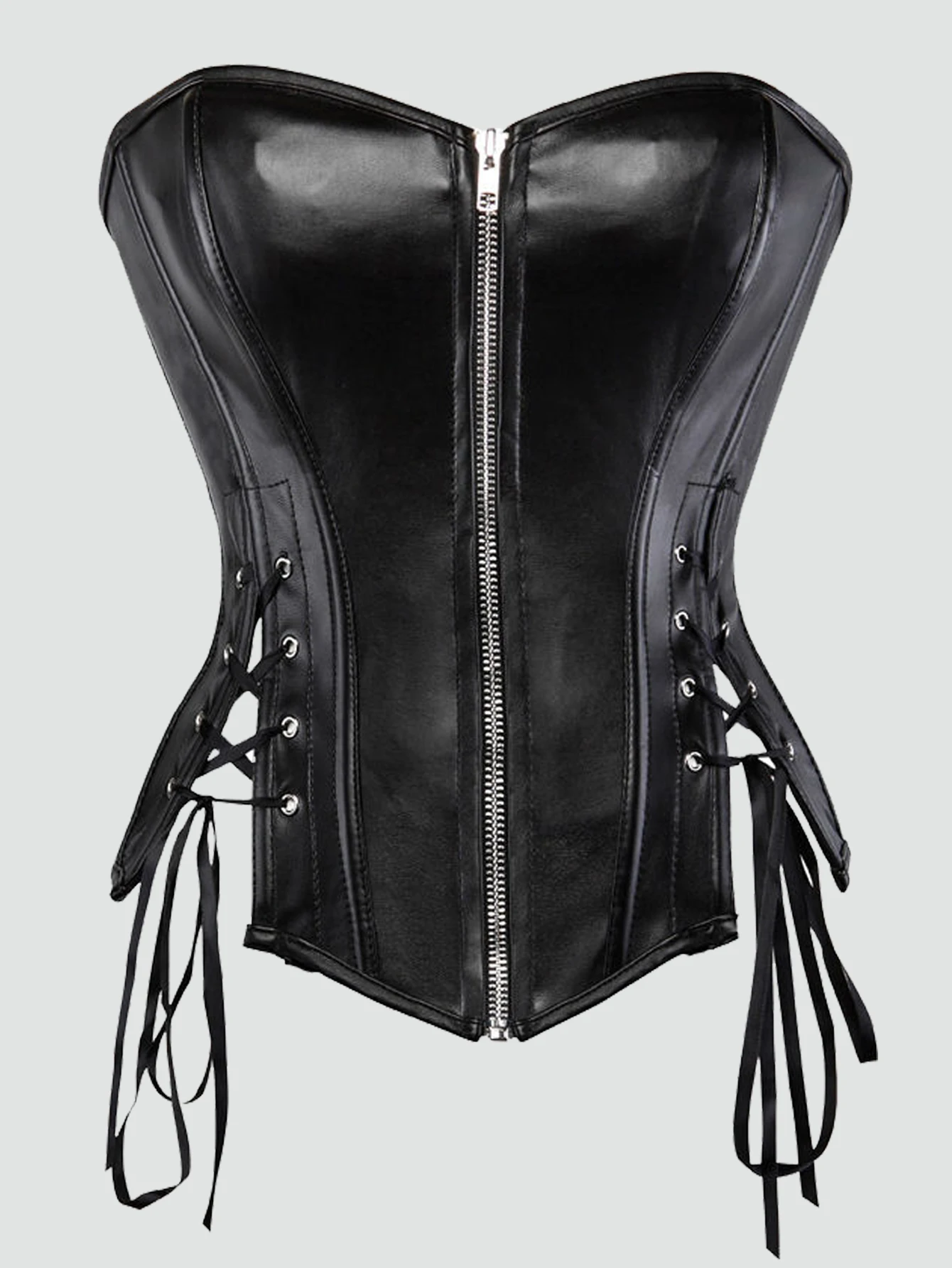 Sexy PU leather corset overbust corsets and bustiers top zipper modeling strap lace up steampunk corset top boned women shaper
