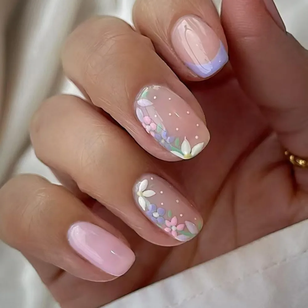 24pcs Square Shape Short French Light Blue Floral Stick-On Nails for Women Spring Summer Manicure