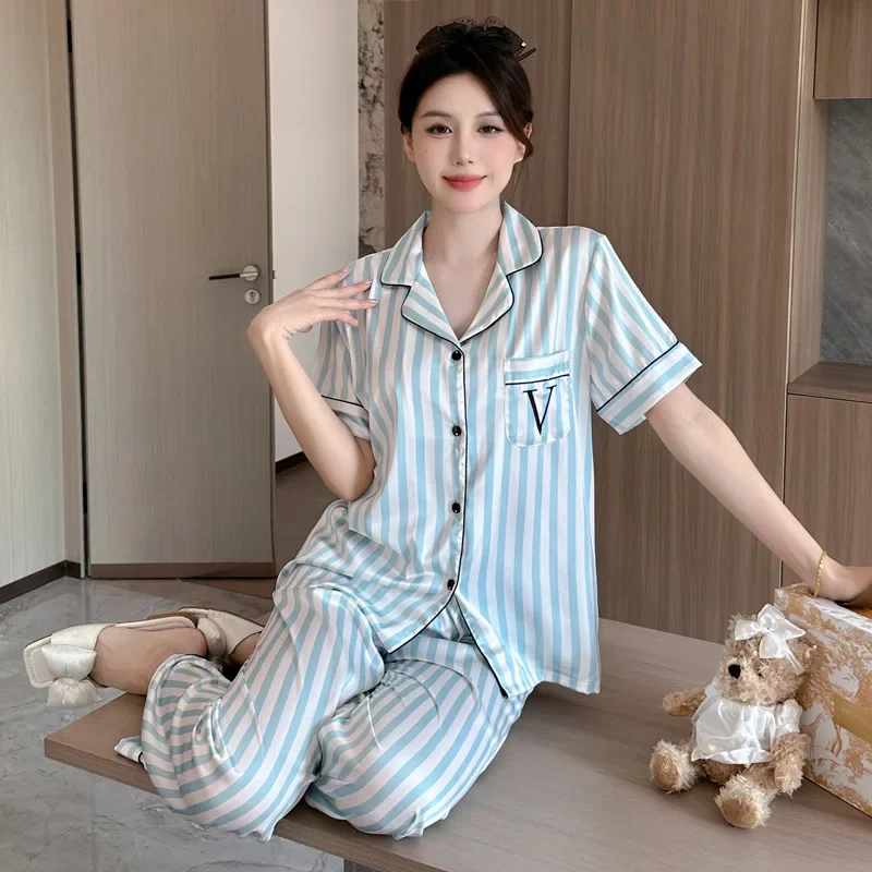 

Women's striped Short sleeved pajama set solid French silk satin pajamas two piece set comfortable home Loose Nightsuit