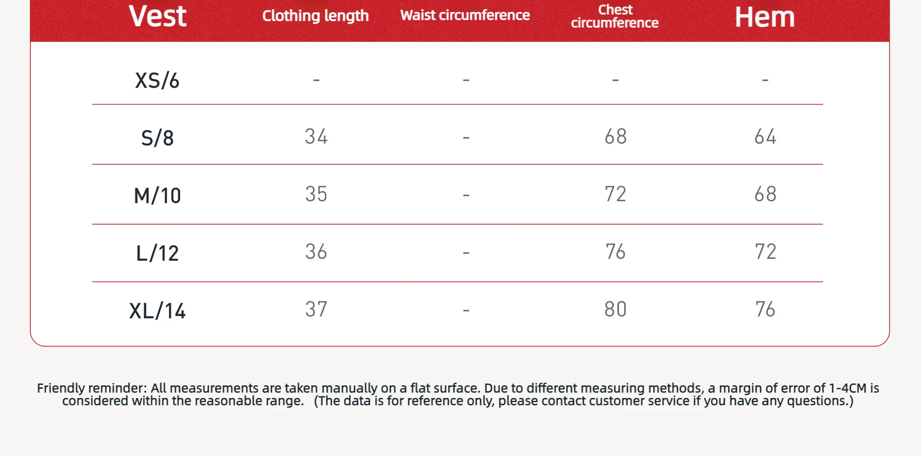 Size chart and fit details