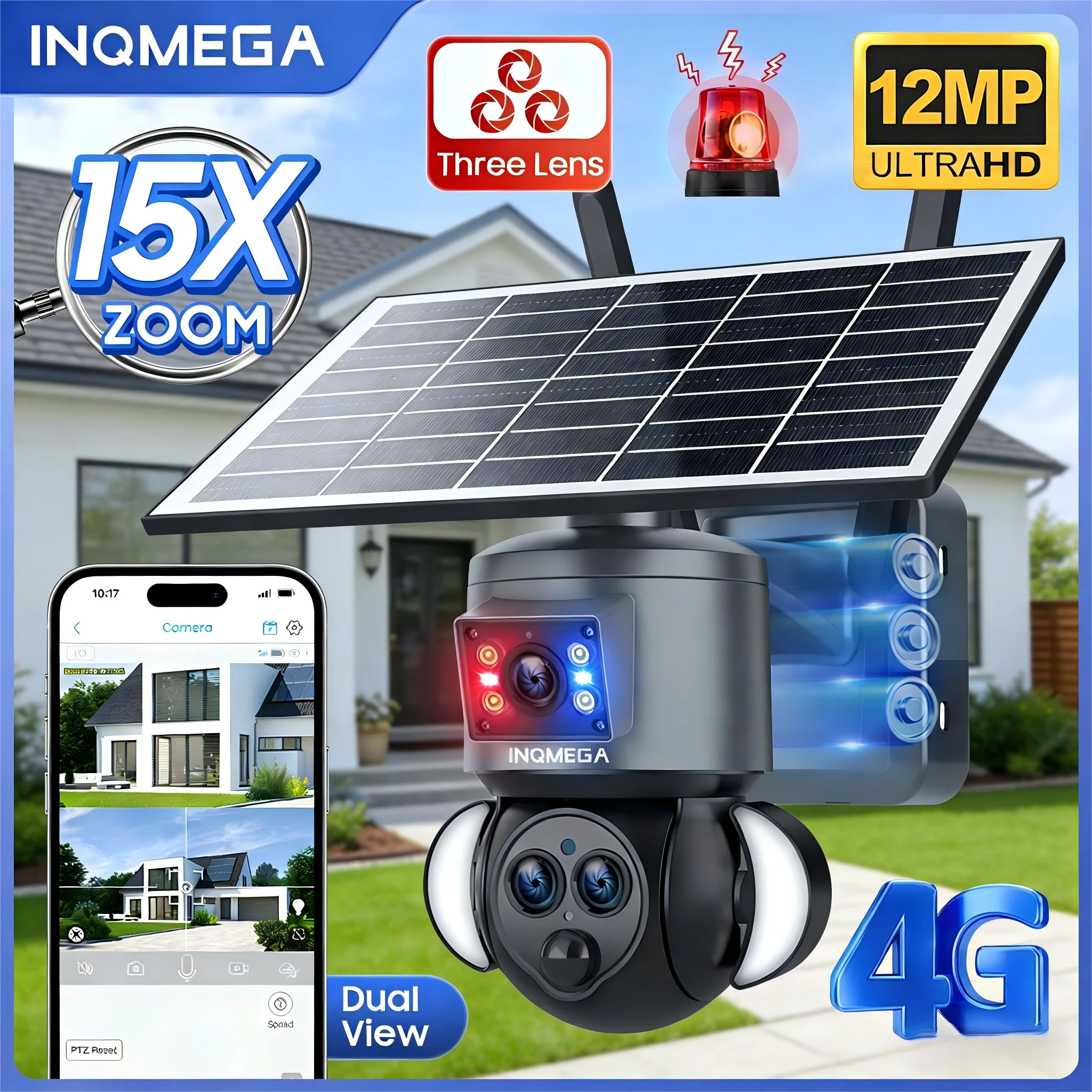 INQMEGA 4G/WiFi 15X Zoom Solar Powered  Camera Outdoor 6K 12MP PTZ Dual Lens Night Vision Motion Detection Humanoid Tracking