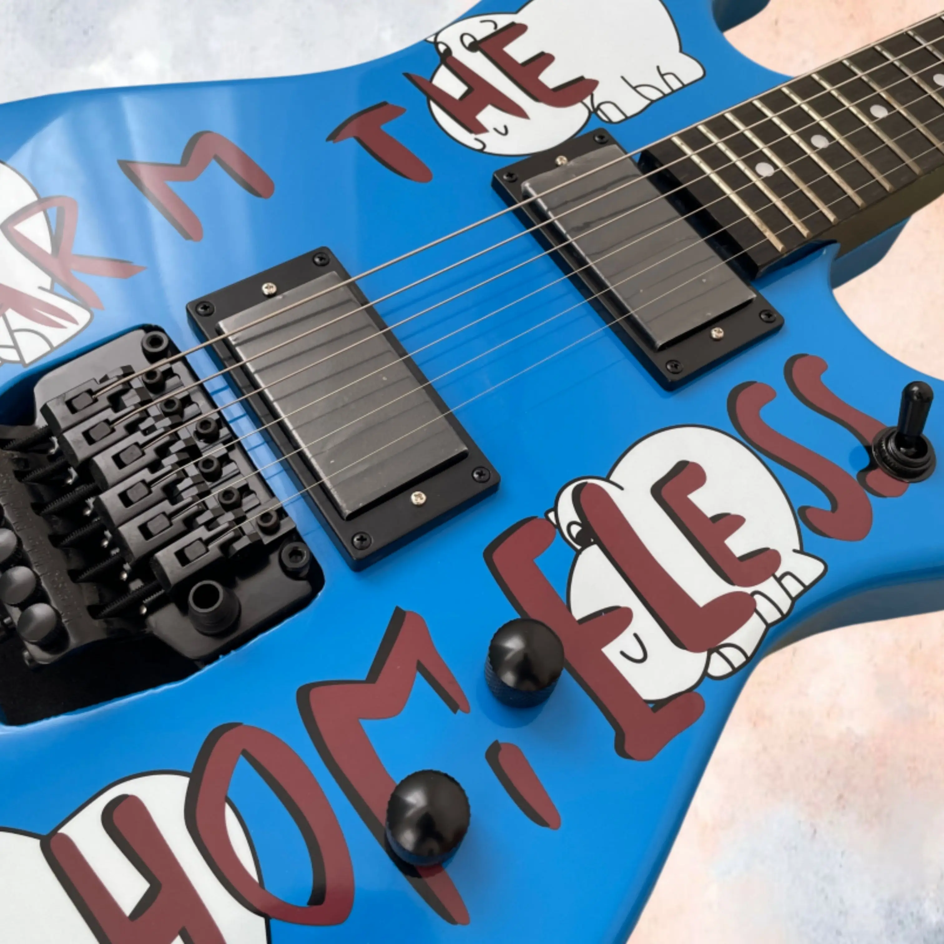 Personality Cartoon Graffiti Electric Guitar,Bright Blue Irregular Body,HH Pickups Guitars,Metal Rock Stage Performance Guitar