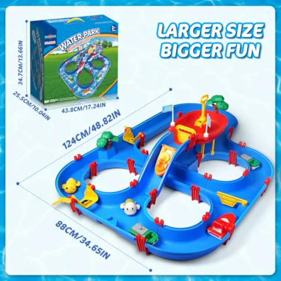 Double-Tier Water Table Toys, Plastic, Blue Yellow, Includes 100PCS Water Park Playset with Pump for DIY Toddler Waterways, Sum