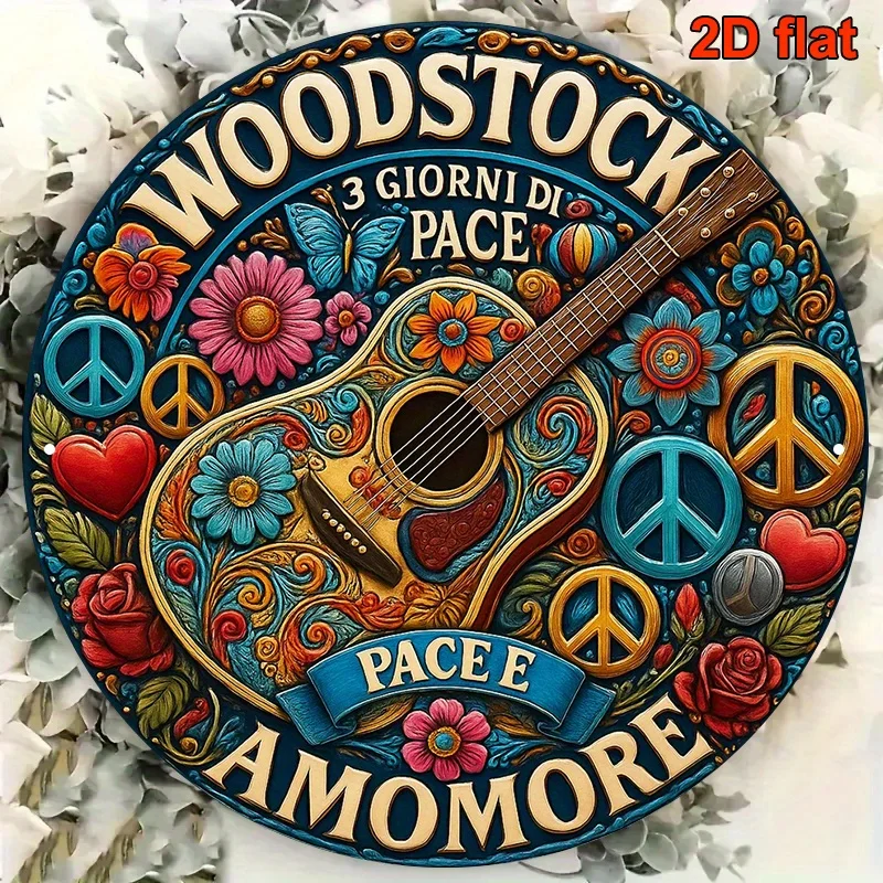 2D Flat, 1pc 8-Inch Round Woodstock Music Festival Vintage Metal Sign - Italian-Inspired Aluminum Retro 1969 Iconic Logo & Year