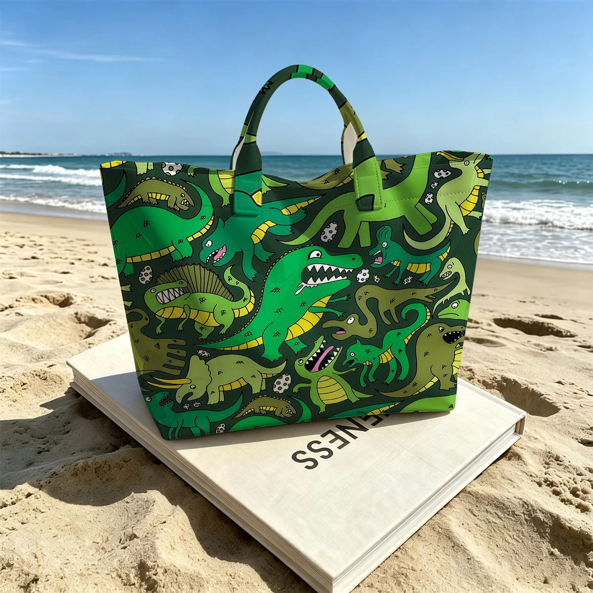 Dino Pattern Stylish Large Glossy PVC Tote Bag Washable Waterproof Durable Ideal for Travel Commute Cosmetics Books Handbags