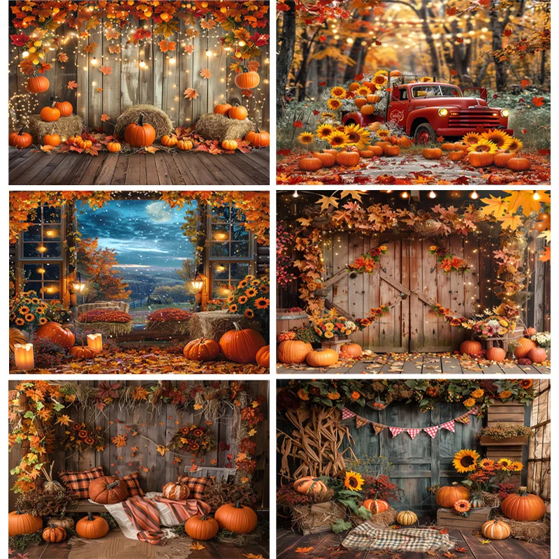 

Autumnal Pumpkins Farm Photography Backdrops Props Halloween Fall Field Maple Leaf Scarecrow Fence Photo Studio Background FM-07