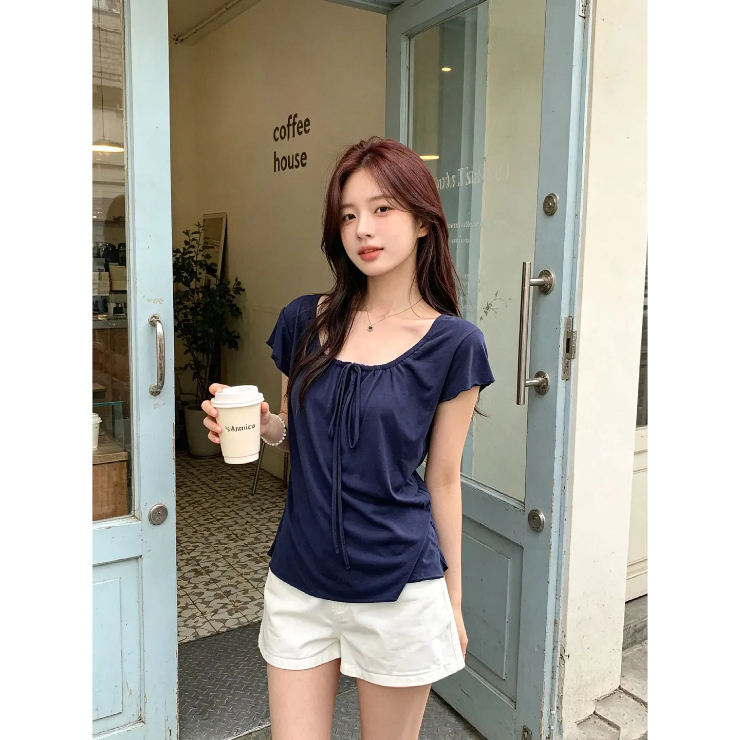 plus Size Pleated Belted Shoulder T-Shirt Women's Summer Slimming Concealing Short Sleeve Korean Style Breathable Top