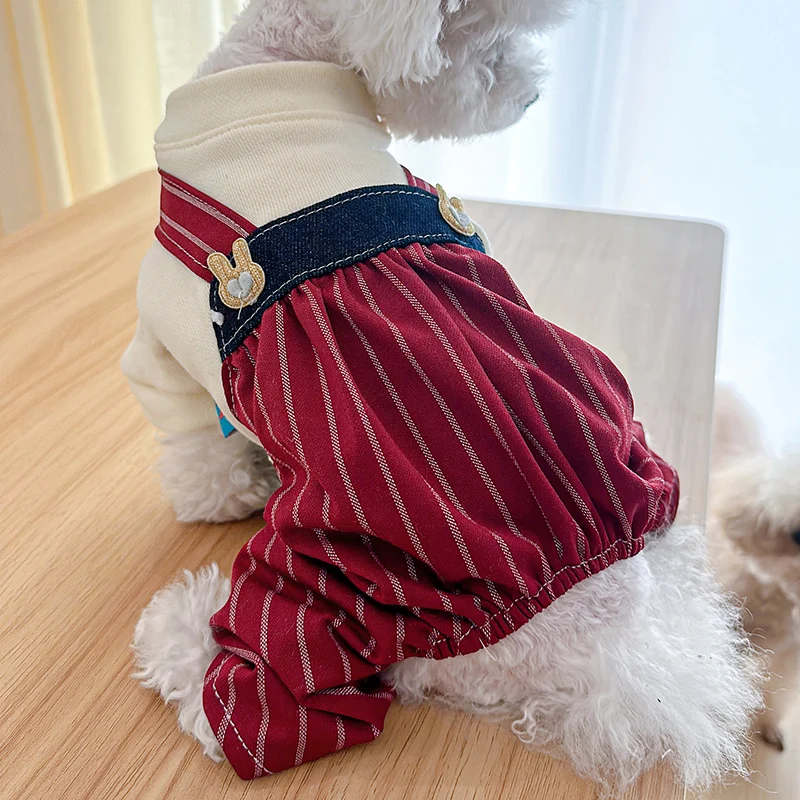 1PC Pet Apparel Dog Spring and Autumn Wine Red Striped Four legged Pants Rabbit High Waist Strap Pants For Small Medium Dogs