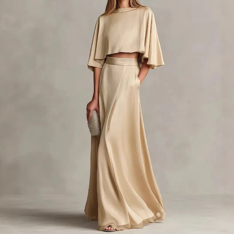 Chic Loose Casual Shirt Skirt Set Women Sexy Short Sleeve Crop Tops A Line Satin Maxi Skirt Sets 2026 Lady Street Matching Sets