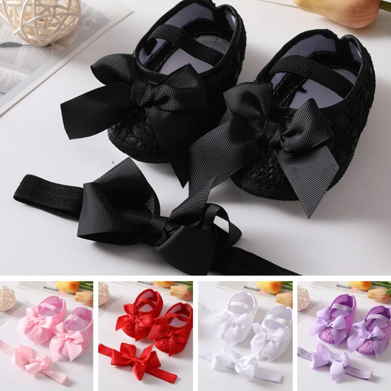 Newborn Baby Girl Christening Shoes Headband Set Soft Sole Lovely Princess Lace Bowknot Infant Non Slip First Walker