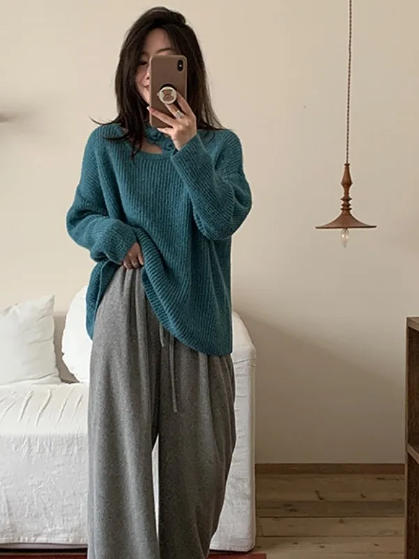 

Ele Chic2025 Autumn New Sle Thin Long Sve V-Flower Knitted Top Women's Loose Fit round Ne Pure Color Faionable