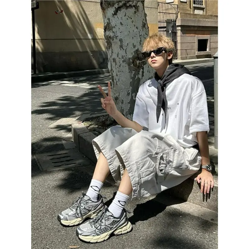 Men's Workwear Shorts Large Pockets Cargo Pants Streetwear Summer Korean Fashion Paratrooper Pants Wide Leg Seven Trousers Men