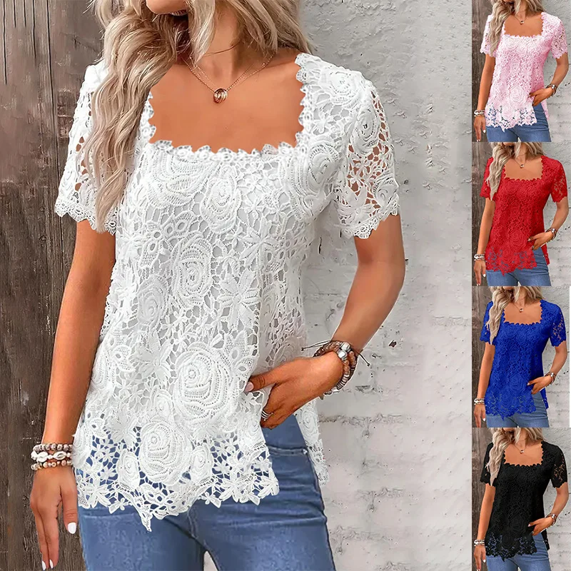 

Women's Blouse 2024 Summer Vacation Elegant Lace T-shirt Top Топы 티셔츠 Women T Shirt Camisetas Para Mujeres Verano White Crop Top