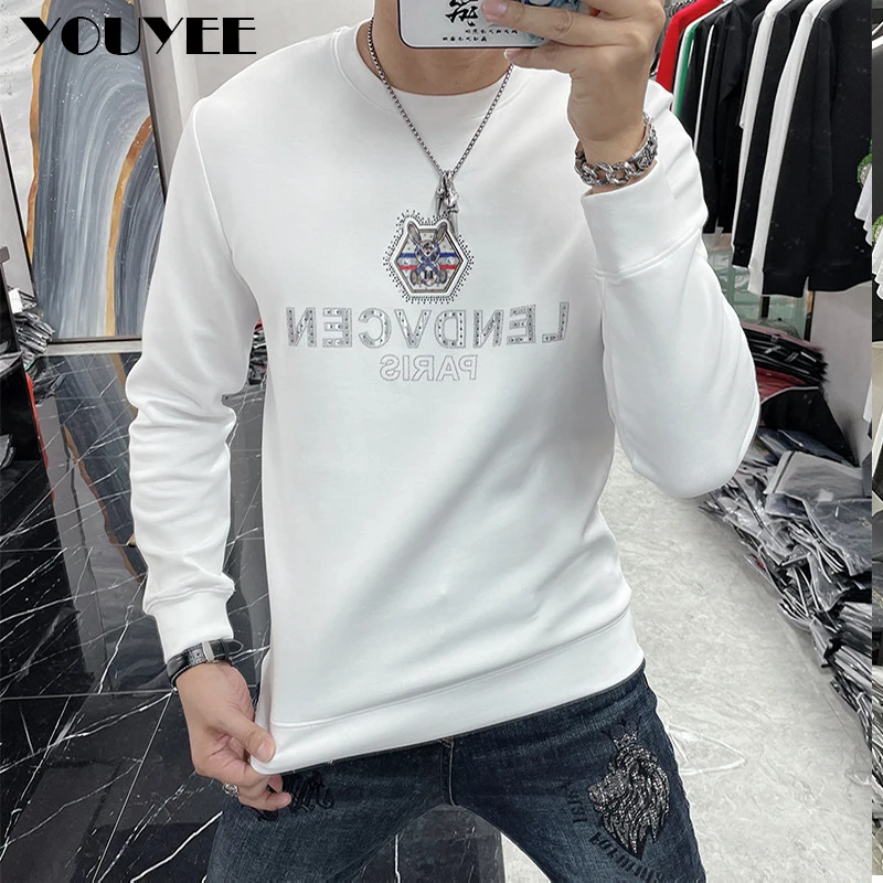 Men\'s Slim Hoodies Rabbit Print Hot Diamond Male Sweatershirts Casual Round Neck White Pullover Autumn Winter New Man Clothing