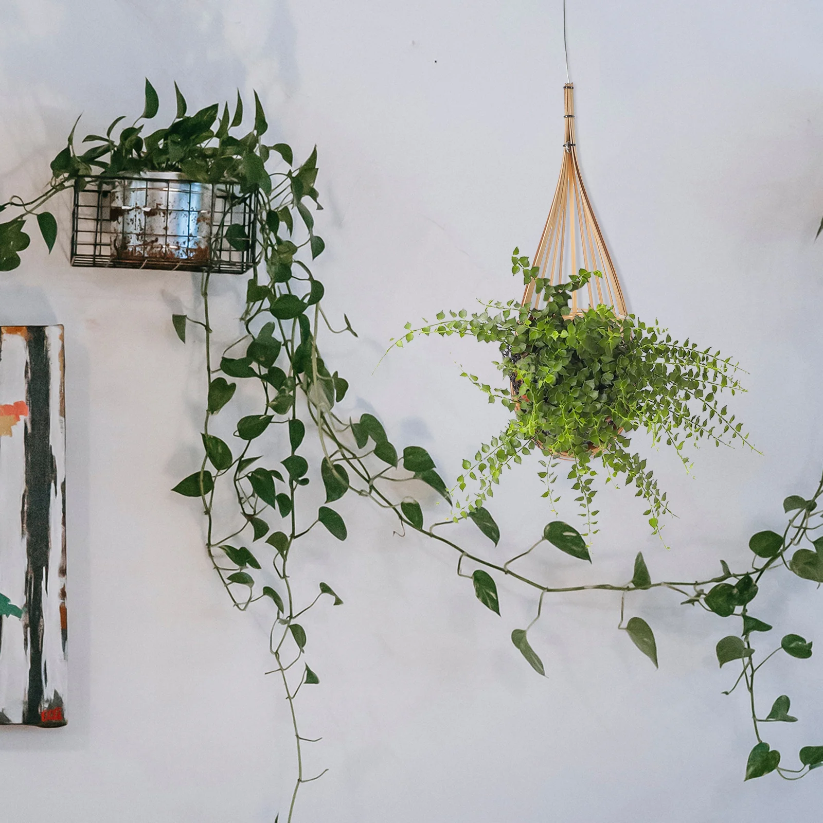 1 قطعة الخيزران المنسوجة سلة للزهور المعلقة وعاء النبات لتزيين حديقة الحائط داخلي في الهواء الطلق حاوية زارع كبيرة متينة