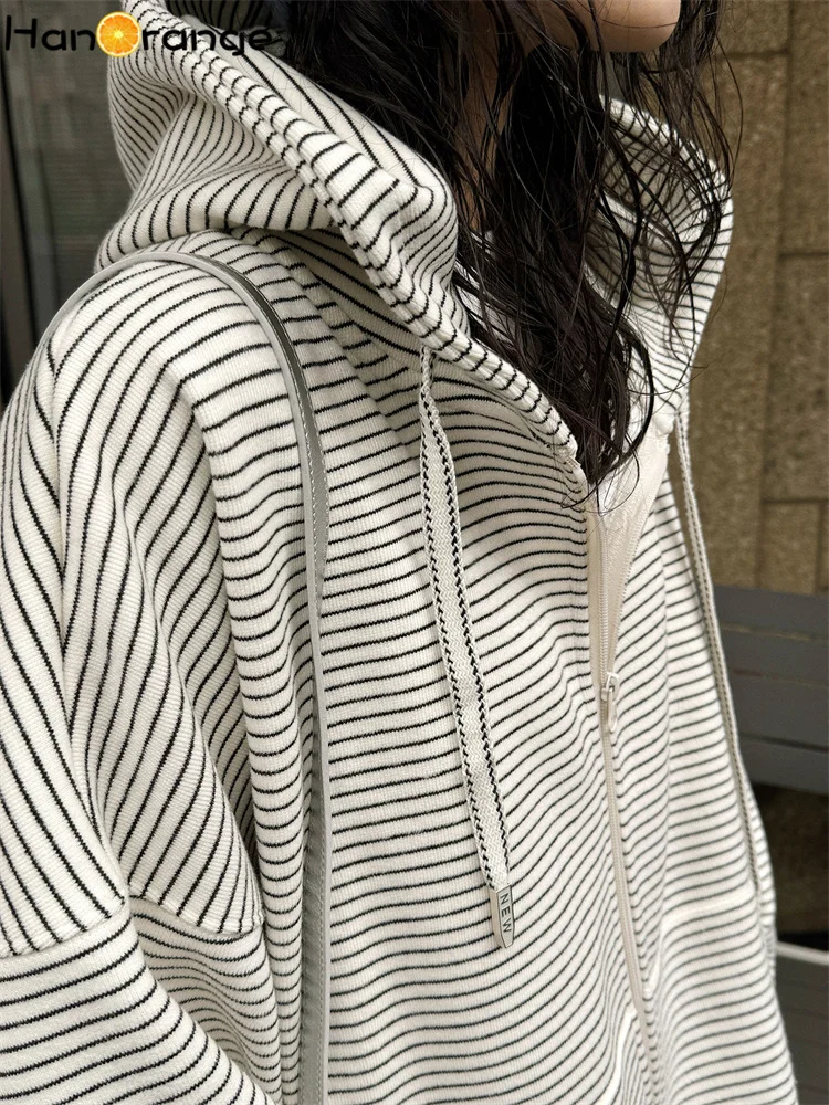 HanOrange 2026 Felpa con cappuccio con cerniera a righe retrò a contrasto primaverile da donna Silhouette allentata con cappuccio Top bianco sporco/grigio carbonio