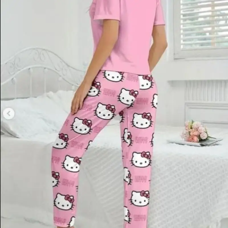 Pajamas Hello Kitty Ladies Spring Autumn New Style Sanrio Short-Sleeved Trousers Comfortable Home Wear Set Street Fashion Cute