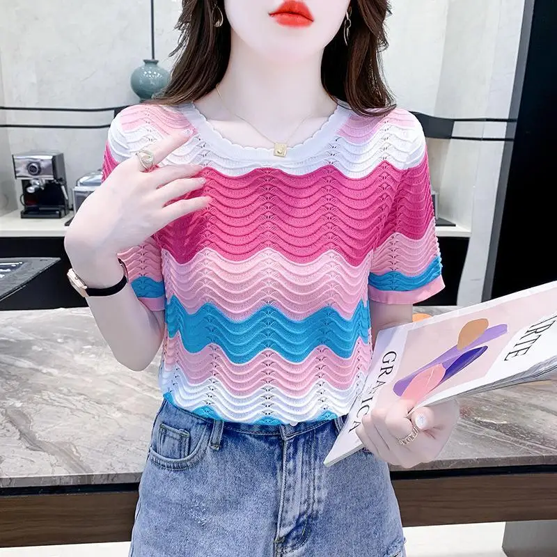 Fashion O-Neck Striped Knitted Hollow Out Color Blouses Women's Clothing 2024 Summer New Loose All-match Tops Sweet Shirts