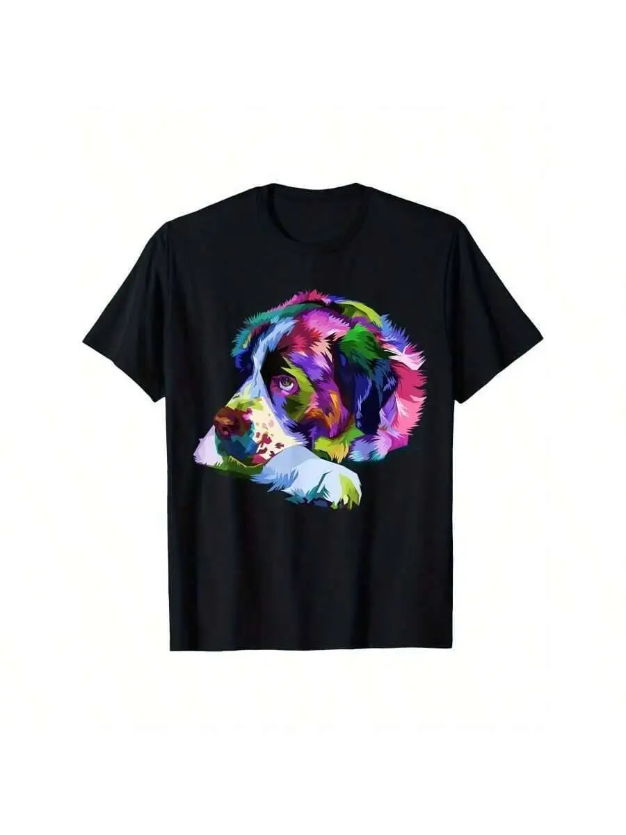 Saint Bernard Pop Art Portrait T-Shirt, Crew Neck Tee, Asymmetrical Colorful Print, All-Season Knit Fabric 100% Cotton Trendy