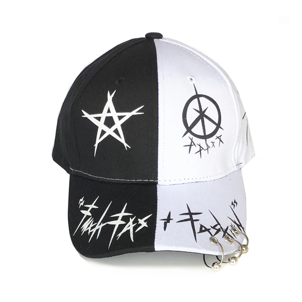 New Black and White Graffiti Baseball Cap Color-Blocking Personality Men and Women Iron Ring Tide Hip-Hop Peaked Hat