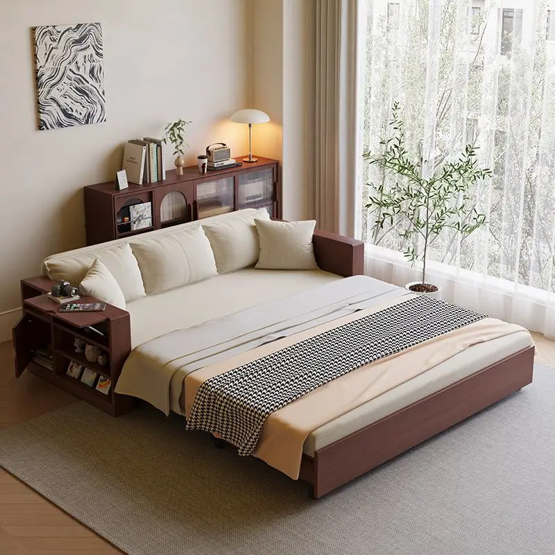 

Multifunctional solid wood sofa bed dual-purpose small living room foldable retractable bed log wind Chinese electric