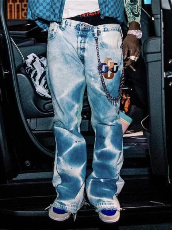 

Расклешенные джинсы из потертой кожи с принтом в стиле ретро, мужские повседневные брюки, молодежный тренд, свободный крой, прямые брюки в американском стиле High Street Sle