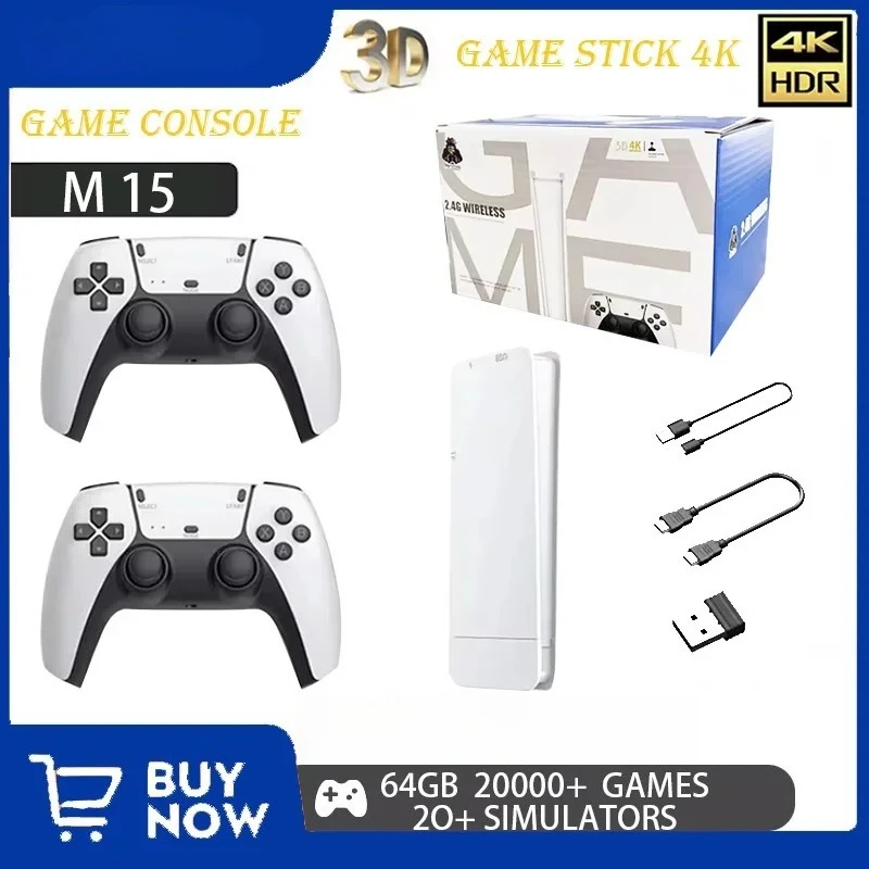 New M15 Video Game Console 4K TV Game Stick 64G Built in 20000 Games Wireless Controller Gamepad Retro Handheld Game Console