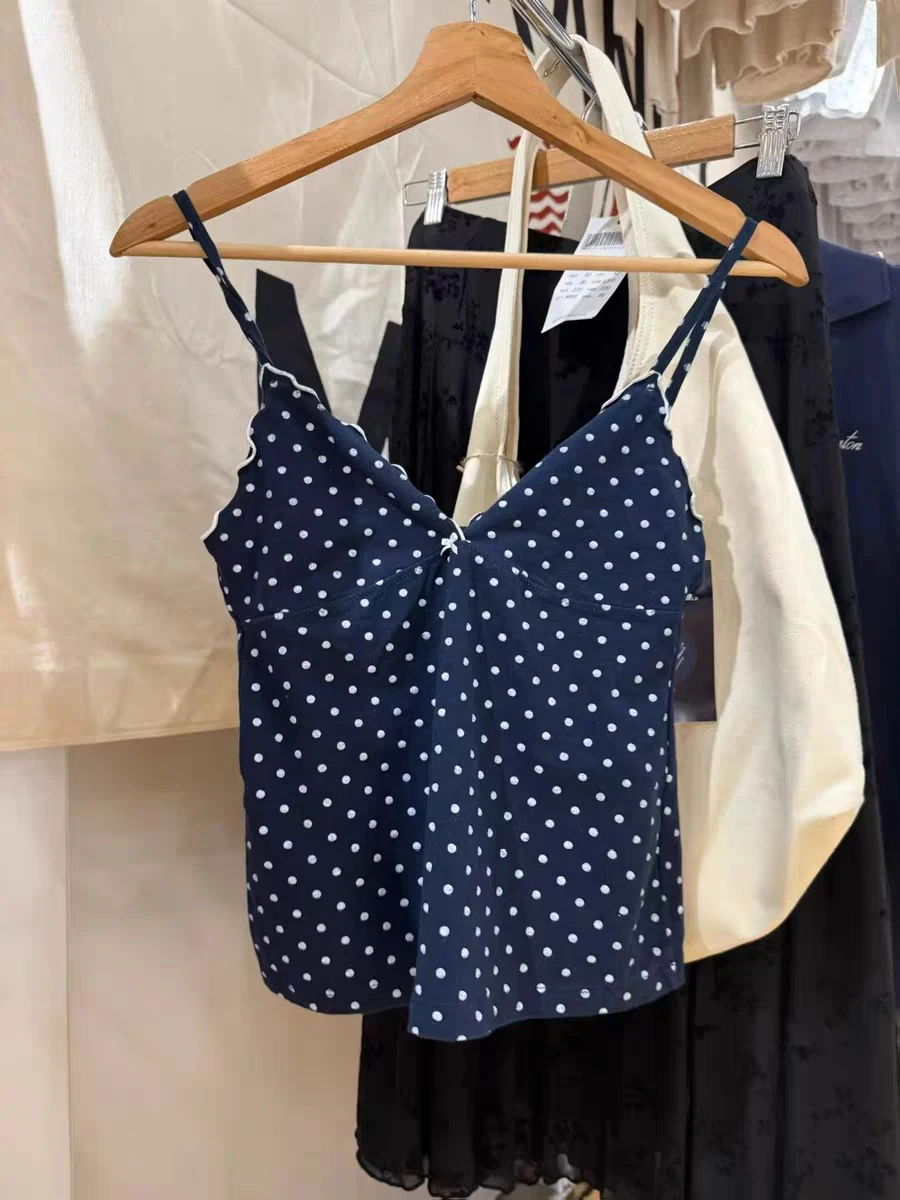 جديد البولكا نقطة القوس سليم تانك القمم المرأة الصيف الفطريات تقليم الخامس الرقبة مثير أكمام بروتيل الحلو لطيف القطن المحاصيل القمم Y2k الملابس