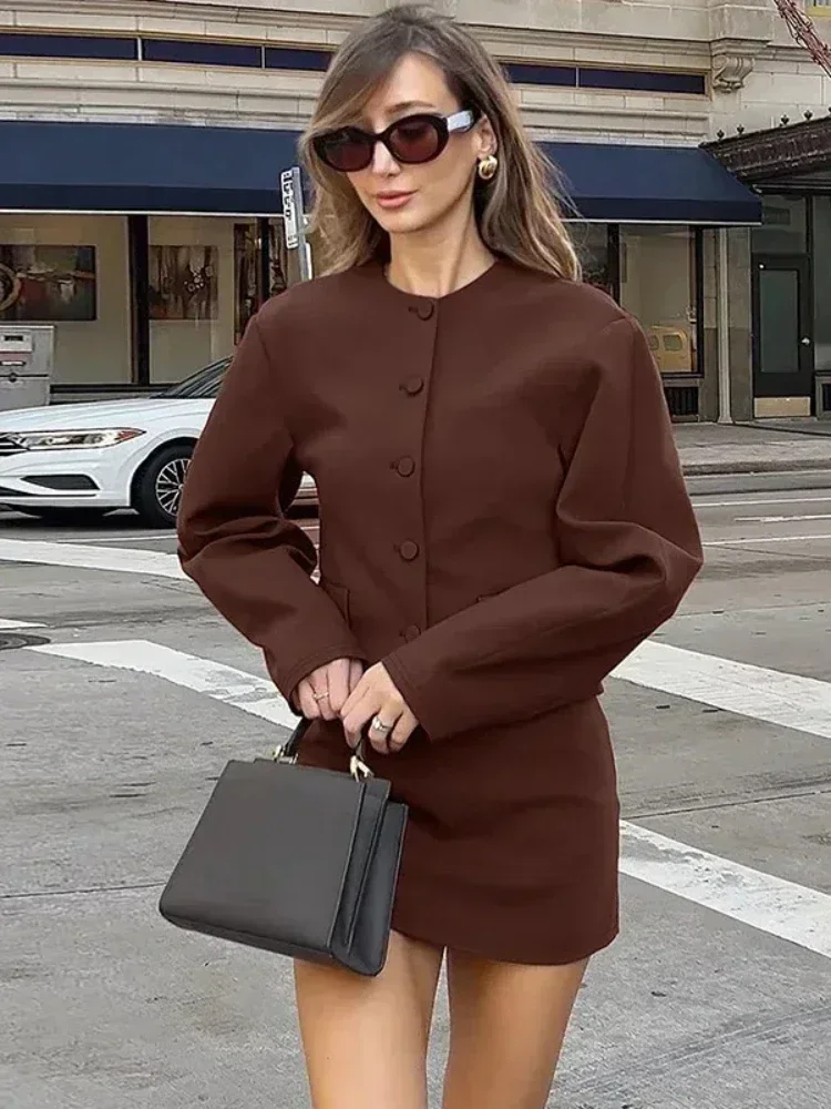 Leosoxs Retro O Neck Coat Mini Skirt Woman's Set Casual Brown Single Breasted Short Coat Slim Skirts Sets Female Autumn Outfits