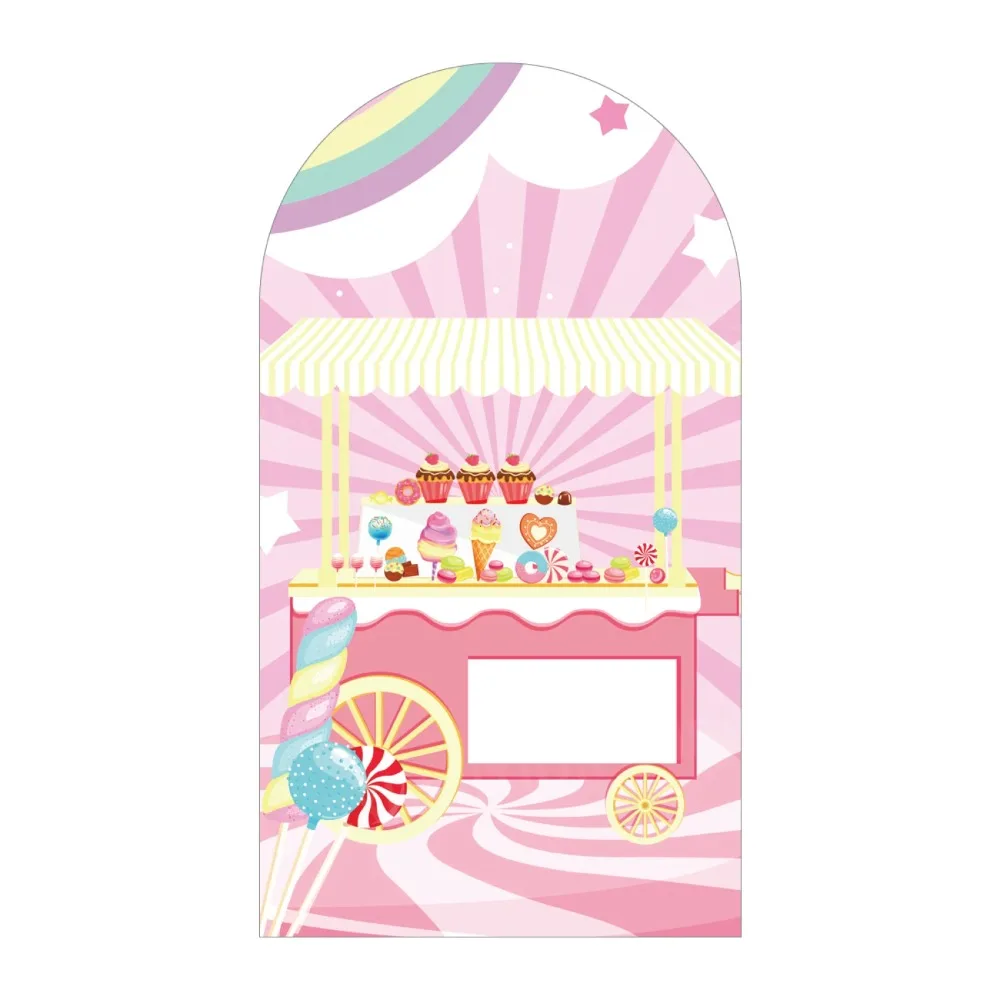 كاندي لاند الوردي حفلة قوس خلفية فتاة عيد ميلاد الاطفال استحمام الطفل دونت التصوير خلفية غطاء ديكور الحفلات دنة النسيج