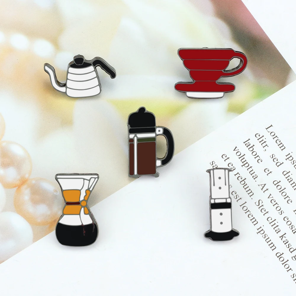 More Styles Coffee Tools Enamel Pins Personality Cruet Brooches Women Men Lapel Pin Badges Jewelry Gift Restaurant Worker Pins