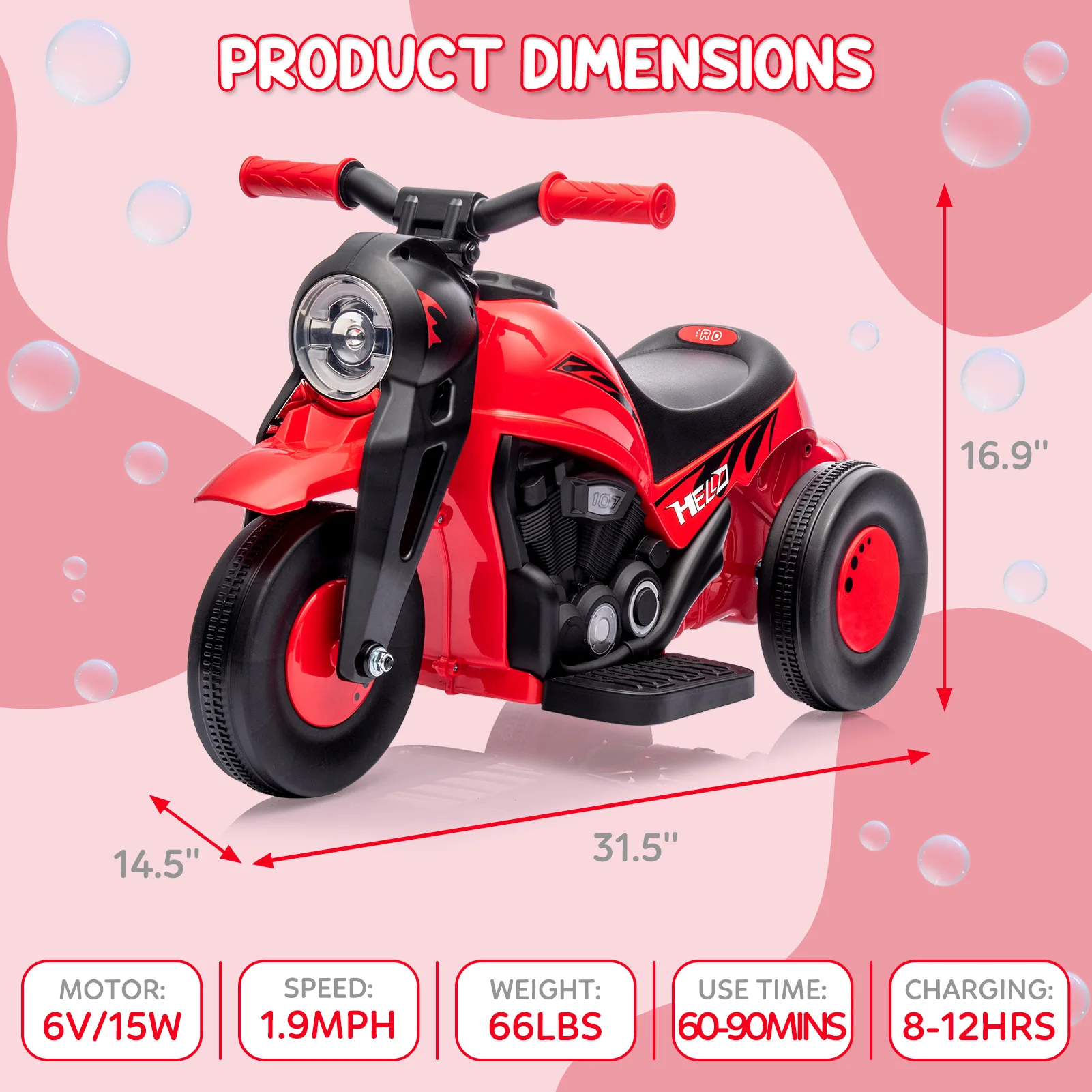 Dzieci jeżdżą na samochodzie bąbelkowym, motocykl elektryczny 6 V zasilany bateryjnie, prędkość 1,9 MPH z reflektorami LED, muzyka, 3 koła Zabawki motocyklowe